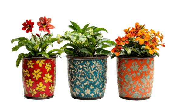 Three colorful flower pots with different designs and colors on transparent or white background
