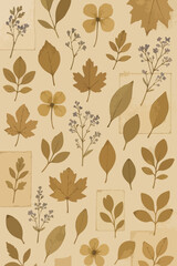 Collage dried leaves, pressed flowers, and vintage papers for creative packaging and prints