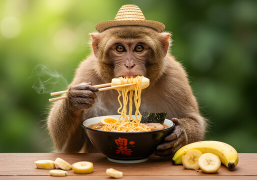 Monkey eating ramen