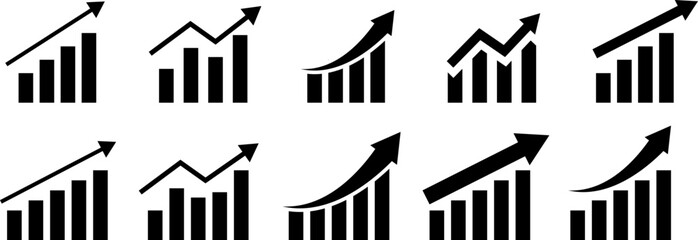 Growing graph icon set. increase decrease arrow. Profit chart graphic. up down market investment. business finance buttons
