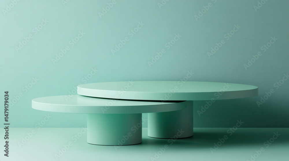 Aufkleber minimalist product display showcasing two round tables in a studio setting with a soft teal backgrou