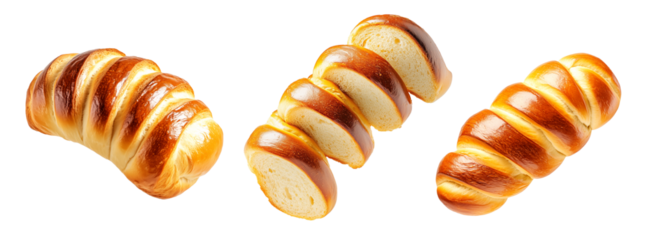 Set of baked braided Challah Jewish bread loaf with a golden crust, isolated on white transparent background, showcasing the concept of bakery goods