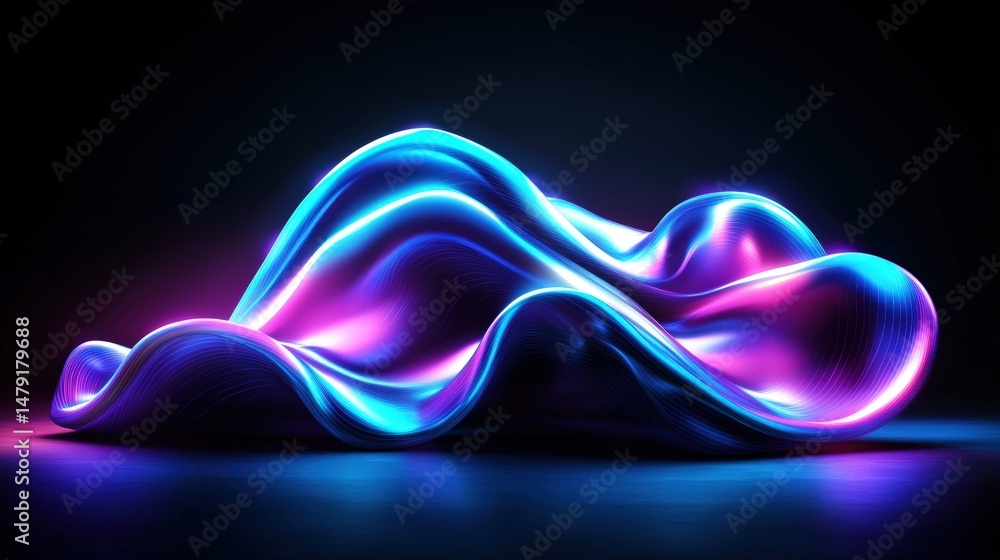 Poster abstract flowing wave shape with vibrant glowing neon colors and smooth surface textures illuminated