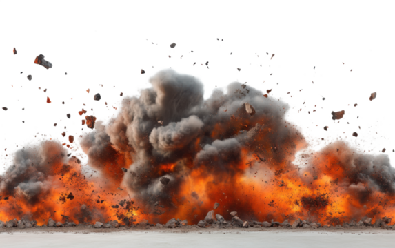 Large explosion with a lot of debris and smoke on transparent or white background