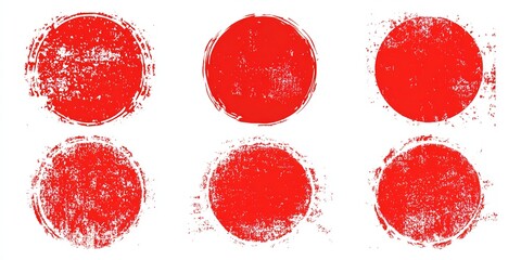 Set of red grunge circles. Stamp with jagged edges. Japanese sun isolated on white background. High quality