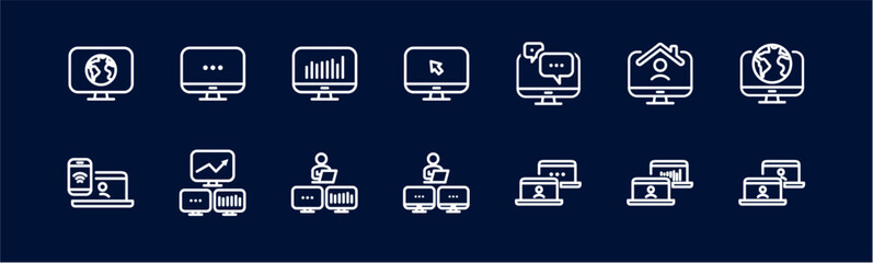 Remote Work Line Icons . Freelancer Work from Home, Video Call, Online Meeting, Teleconference Vector Set