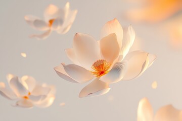 Naklejka premium Floating lotus flowers with glowing centers in gradient sunset colors on white background. Soft shadows, clean composition, and professional lighting in high detail.