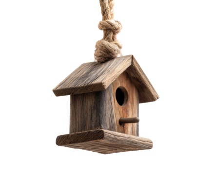 Wooden birdhouse on a rope for garden and wildlife