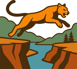 Flat color vector with bold outlines showing mountain lion leaping over river