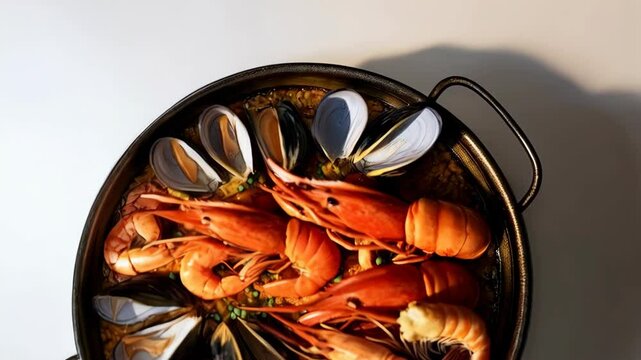 Overhead view of paella in pan with shellfish and seafood featuring shrimp, mussels, and rice on bright table surface