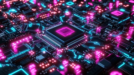 Obraz premium Highly Detailed Technological Circuit Board with Bright Neon Lights Glowing in Pink and Blue for Futuristic Electronic and Digital Technology Concept