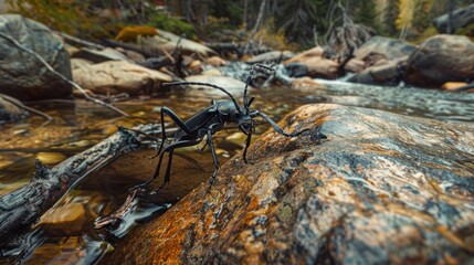 A large, black beetle with long antennae stands on a rock in a shallow stream