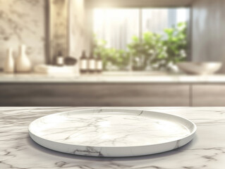 A sleek round marble tray sits on a marble countertop in a sunlit modern kitchen. The soft-focus background features greenery, bottles, and neutral-toned decor, creating a luxurious and serene setting