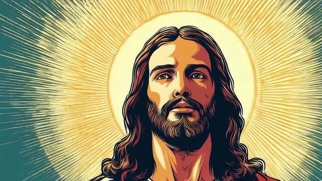 Illustration featuring a man with long dark hair, beard and radiating light behind his head, rendered in graphic novel style.