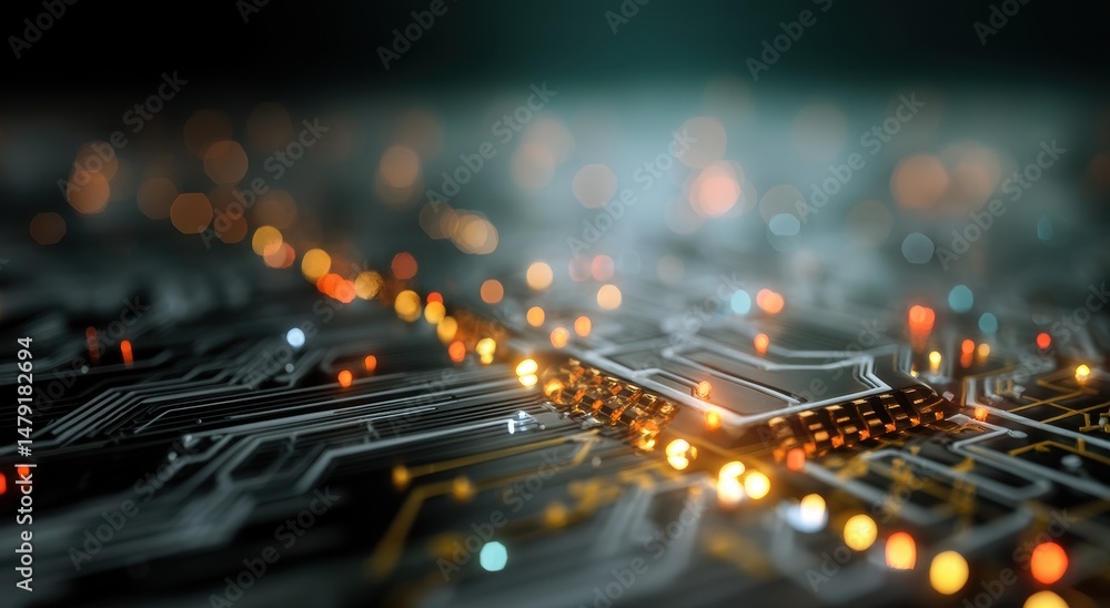 Poster abstract circuit board design with glowing components.