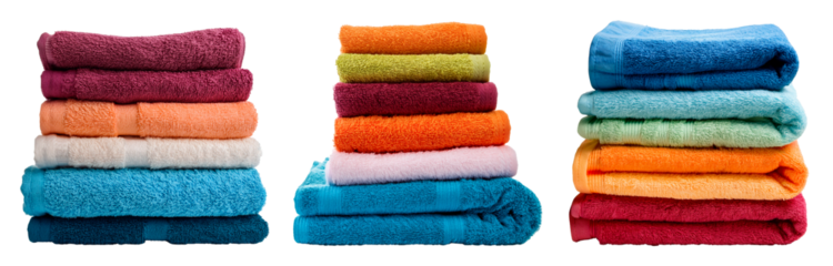 group of pile of neatly towel in variation colors isolated on white background