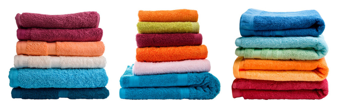 group of pile of neatly towel in variation colors isolated on white background