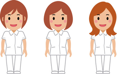 笑顔で両手を下ろし、白制服を着た看護師の女性