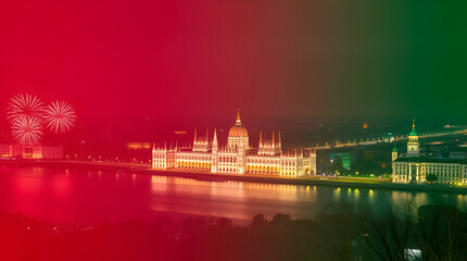 Obraz premium Futuristic Sci-Fi Celebration Over Budapest Parliament – Fireworks, Space, and Hungarian Pride in Generative AI Art