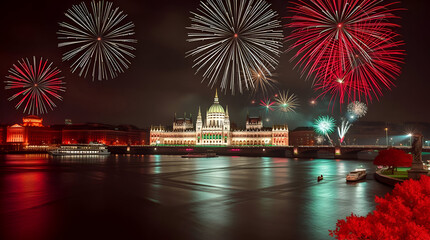 Fototapeta premium Futuristic Sci-Fi Celebration Over Budapest Parliament – Fireworks, Space, and Hungarian Pride in Generative AI Art