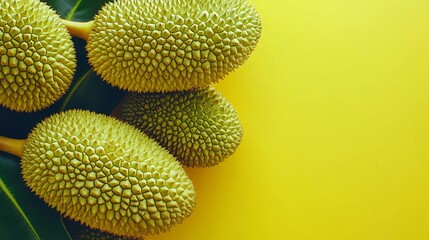 Group Of Fresh Ripe Jackfruits With Rough Green Texture, Isolated On Yellow Background