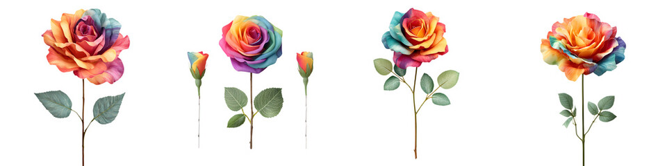 Colorful, vibrant roses showcasing intricate details, featuring a variety of shapes and shades in a cheerful, artistic style suitable for decoration, digital design, or floral graphics