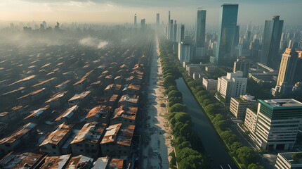 Fototapeta premium Aerial view of a large city sharply divided by economic class.