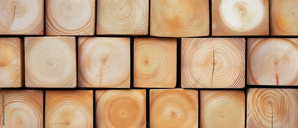 Aufkleber close up of stacked wooden blocks with tree rings pattern in warm light for background or texture fl