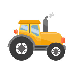Yellow cartoon tractor with smoke from exhaust. Farm vehicle vector illustration.
