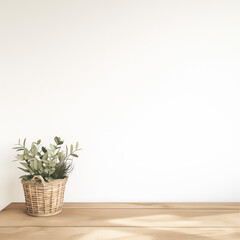A cozy, minimalist setting featuring a woven basket with greenery placed on a wooden shelf. The neutral background and natural textures create a calm and inviting atmosphere.