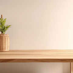 A cozy and modern decor scene with a wooden table, a plant in a woven pot, and a clean backdrop, evoking a sense of simplicity and freshness.