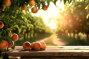A tranquil rural setting featuring fresh peaches on a wooden surface, with lush peach trees in the background and soft sunlight filtering through, perfect for a natural, autumn feel.