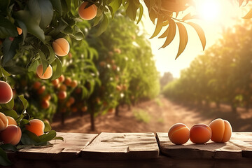 A close-up view of fresh peaches on a wooden table with peach trees in the background, bathed in warm sunlight. The scene conveys a rustic, tranquil atmosphere, evoking the harvest season.

