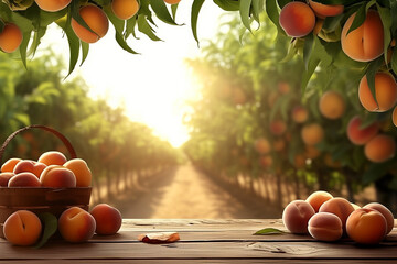 A basket of ripe peaches sits on a wooden table with several peaches scattered around it, set against a vibrant orchard backdrop bathed in warm, golden sunlight. 