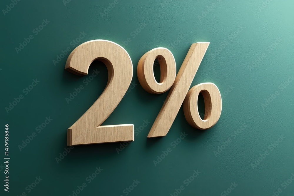 Poster 2 percent wooden number on a turquoise background highlighting a simple numeric representation, numb