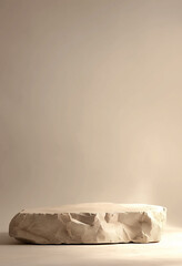 A natural stone slab serves as a minimalist pedestal, softly lit against a neutral background. A dried botanical sprig adds an organic touch to this serene and earthy setting.