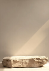 A minimalist, sculptural stone-like pedestal set against a soft, neutral background. The smooth texture and clean lines create an elegant, timeless atmosphere.