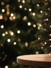 A minimalist Christmas scene with a blurred Christmas tree decorated with lights, and a simple wooden table in the foreground, evoking a peaceful holiday vibe.