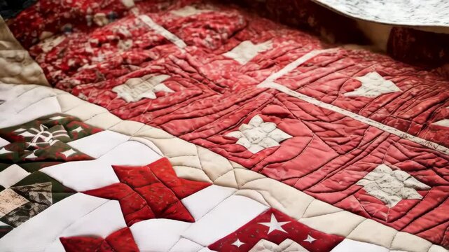 Detailed view of a handmade patchwork quilt with stars and stripes pattern in red, white, and blue hues, showcasing textile artistry