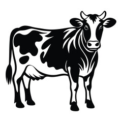 Cow animal vector silhouette with a white background, drawn in a woodcut style with simple line art