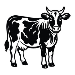 Cow animal vector silhouette with a white background, drawn in a woodcut style with simple line art