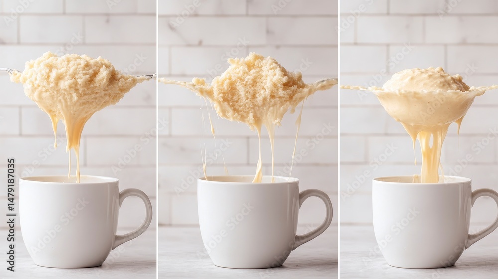 Poster three images showing creamy, light-yellow substance dripping from a spoon into a white mug against a