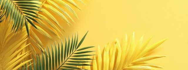 Colorful tropical leaves against a pale yellow backdrop.
