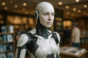 Futuristic humanoid robot in library.