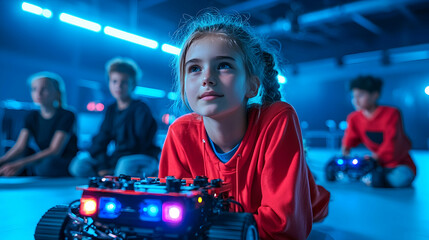 Girl Playing with Robot in Blue Lit Room