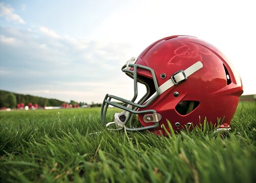 A red football helmet lying on green grass on white background. A football helmet is sitting on the grass.