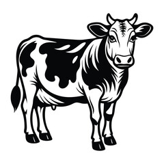 Cow animal vector silhouette with a white background, drawn in a woodcut style with simple line art