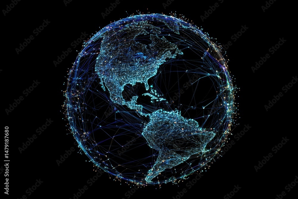 Poster network of global connections illuminated across a dark background showcasing interconnected regions