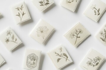 Floating vintage postage stamps with engraved spring blossom designs on white background. Soft shadows, clean composition, and professional lighting, showcasing high detail in minimalist style.