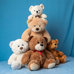 Obraz premium A cheerful stack of soft, plush bear toys arranged neatly against a calming blue background,